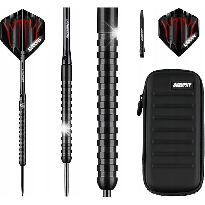 Комплект стрелички CHAMPIFY BLACKBIRD 23g, 90% волфрам, черно-червено, 3 стрелички, защитен калъф
