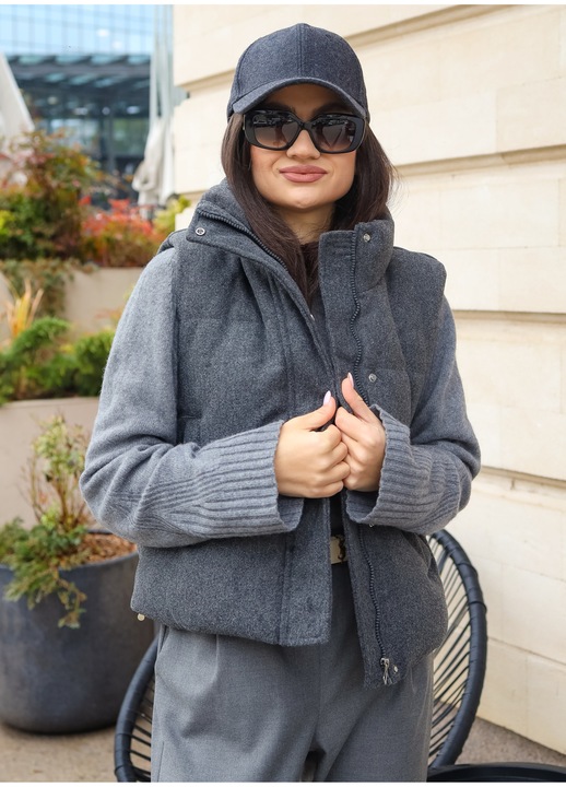 Комплект ватиран елек Wool-Touch със съвпадаща тъмносива шапка, Casual Urban, размер L