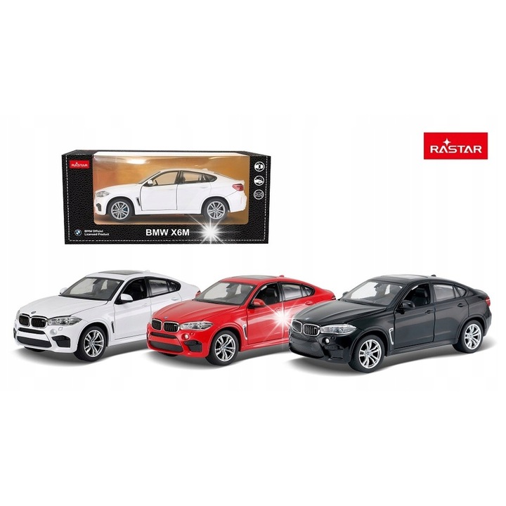 Метална кола BMW X6M 1:24, Rastar, отварящи се детайли, черен, 20.5x9.1x7.2см