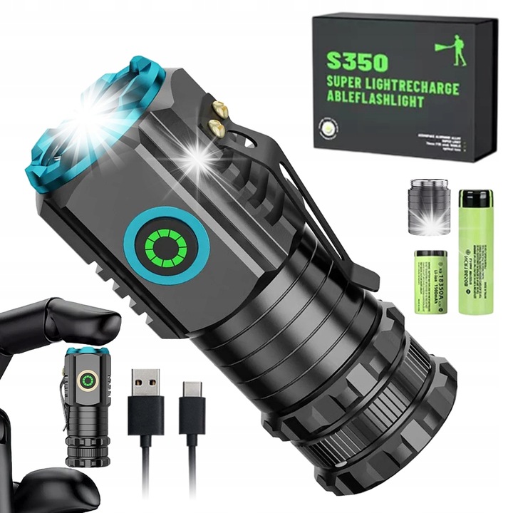 Taktikai zseblámpa, 5 világítási mód, IPX5, fekete, 2 akkumulátorral és töltőkábellel