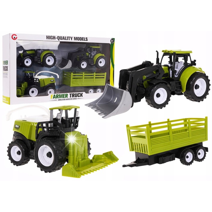 Set utilaje agricole Jokomisiada, 2 tractoare, combina, remorca, multicolor, dimensiuni variate.