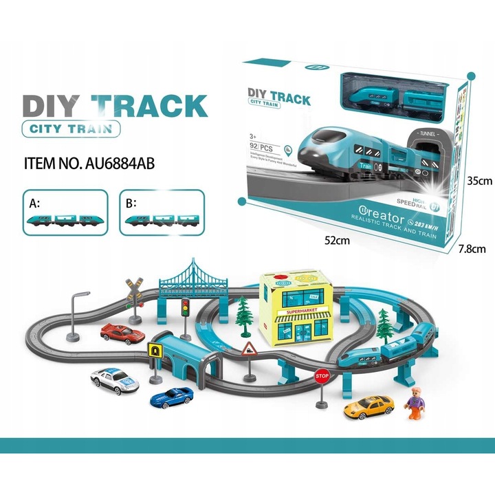 Játékvonatok, Ramiz, 92 darabos készlet, élénk színek, csomag mérete 52,3x7,8x35cm