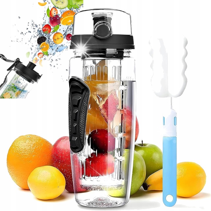 Бутилка за вода 1л със сито, черна и прозрачна, с четка за почистване