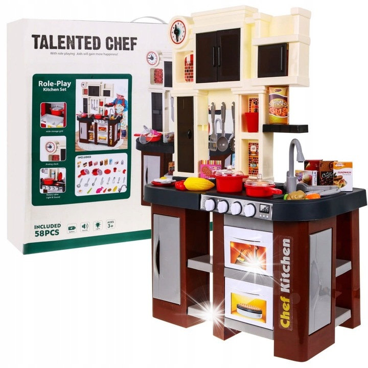 Интерактивна детска кухня Ramiz, комплект от 58 елемента, с течаща вода, размери 84x63x35см, многоцветна