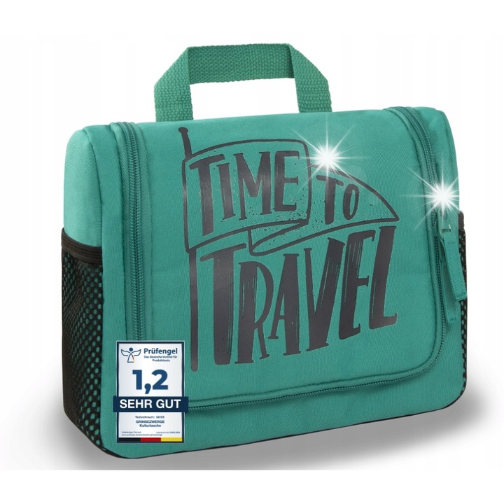 Függeszthető kozmetikai táska TIME TO TRAVEL, türkiz sárga belsővel, vízálló anyag, méretek [kérjük, adja meg a méreteket]
