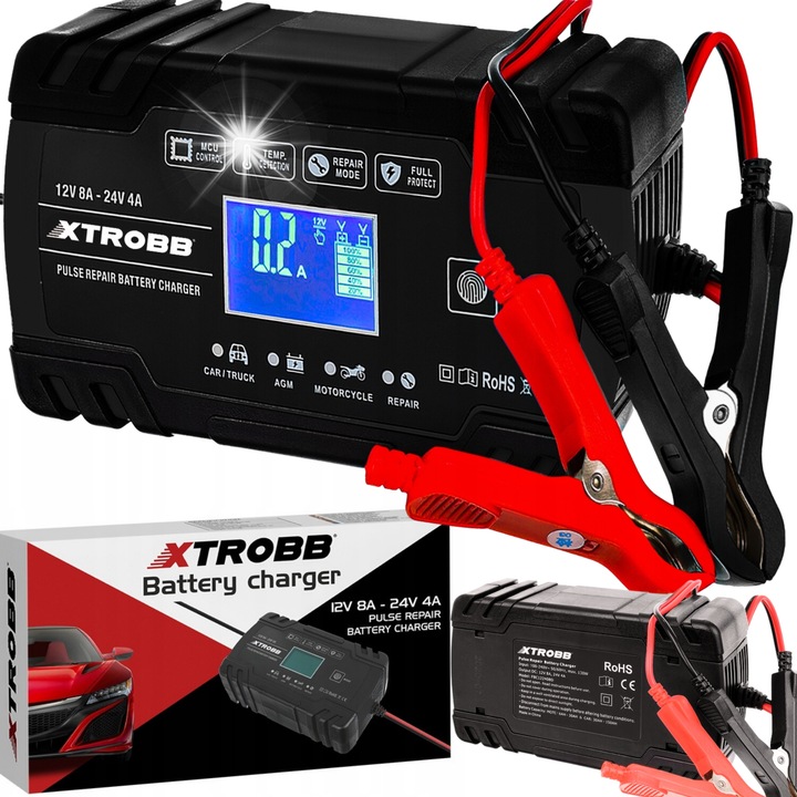 Xtrobb 12V/24V autós töltő, fejlett védelem, érintőpanel, mérete 17x10cm, fekete