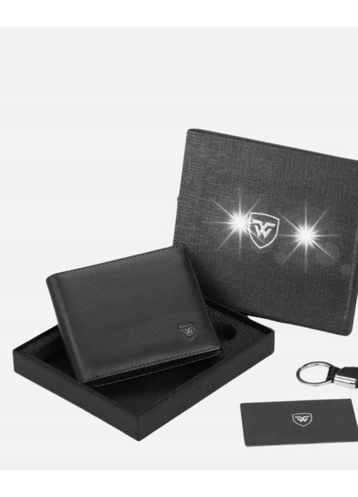 Мъжки портфейл, черен, с RFID защита, подаръчен комплект с елегантна кутия, ключодържател и визитка