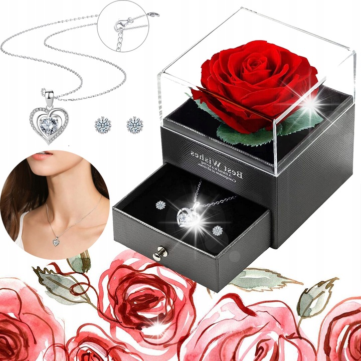 Set cadou cu floare eterna, bijuterii, nașylnik in forma de inima, cercei, cutie de prezent, argint