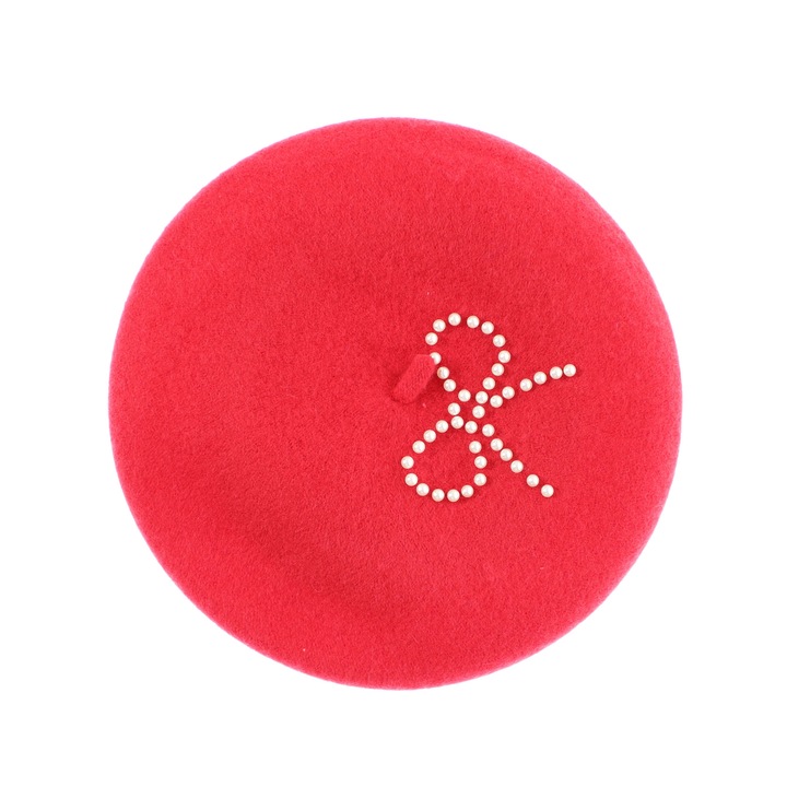 Дамска барета от вълна Buticcochet, модел с перли, един размер, червена - BSC828