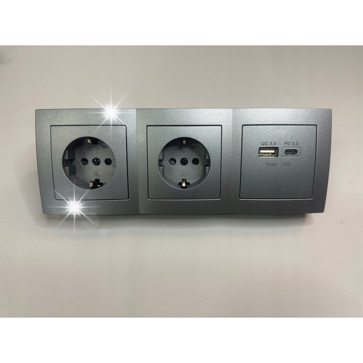 Priza dubla cu USB QC 3.0 si PD 3.0, metalic gri, dimensiuni standard