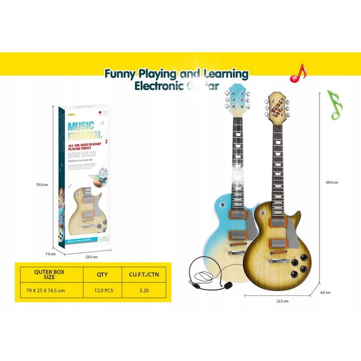 Ramiz játék hangszerkészlet, fekete elektromos gitár, mikrofonos készlet, 69x23x5cm