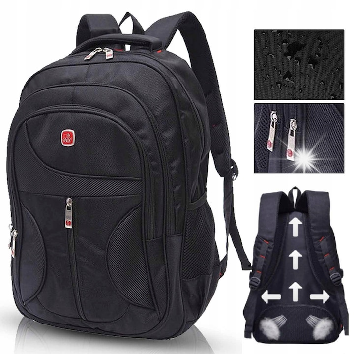 Férfi hátizsák, fekete, 31x15x45cm, nylonból, iskolába és utazáshoz