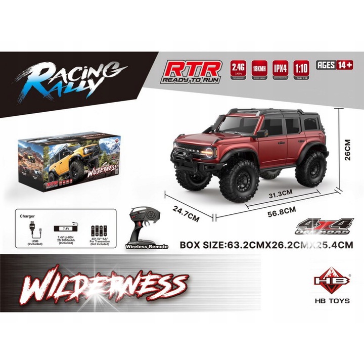 Електрическа кола WILDERNESS RC 1:10, 2.4GHz, хидравлично окачване, големи гуми, 57x25x26см