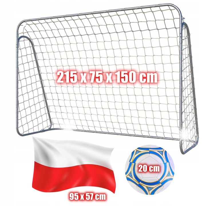 Fém futballkapu szett hálóval, 215x150x75cm, focilabdát és zászlót tartalmaz, fehér-piros
