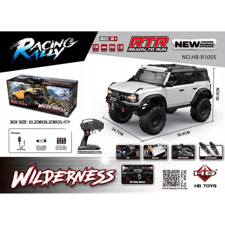 Кола с дистанционно управление WILDERNESS 1:10, 18 км/ч, LED, гумени колела