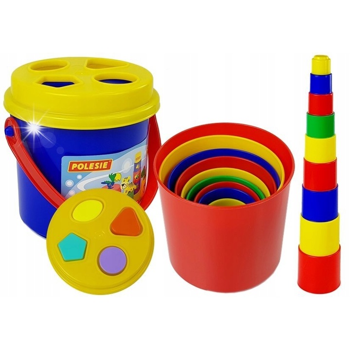 Set jucarii de sortat, Polesie, sorter cu piramida, 16 elemente, multicolor