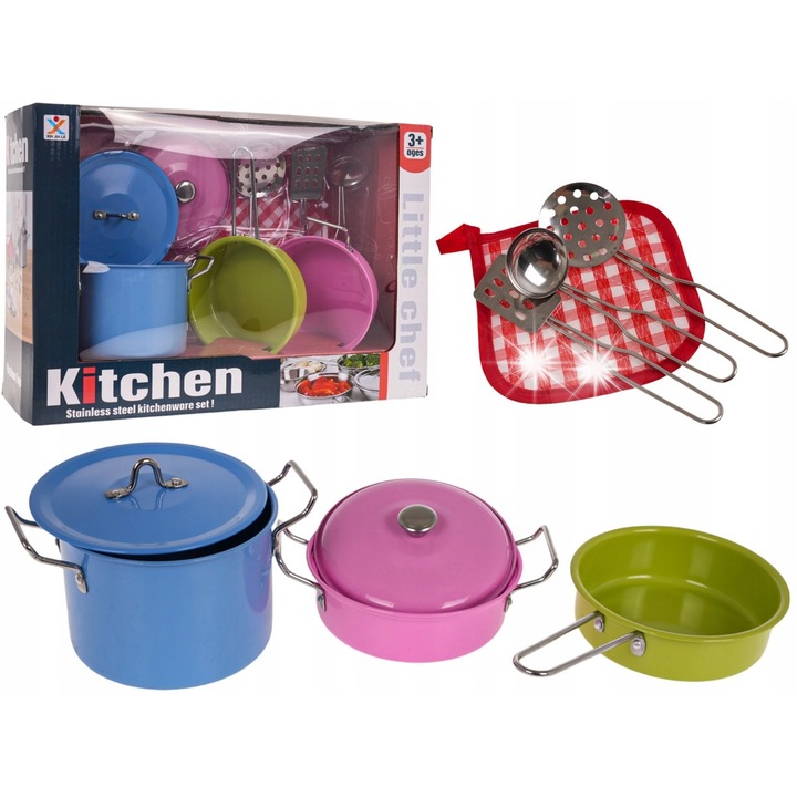 Fém főzőkészlet gyerekeknek, Ramiz, 3 színes edény, tartozékokkal, különböző méretek