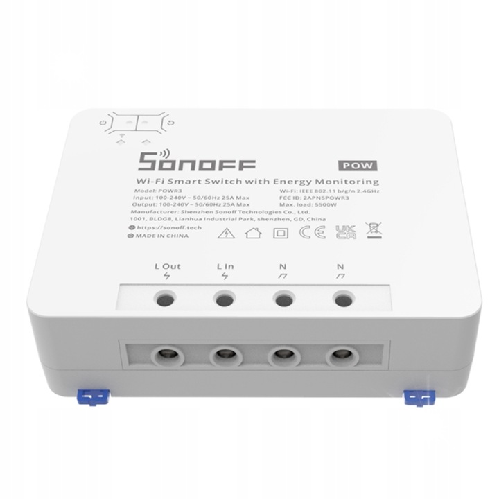 Intelligens WiFi kapcsoló, Sonoff POWR3, 25A, 5500W, 100-240V, 162x122x45,5mm