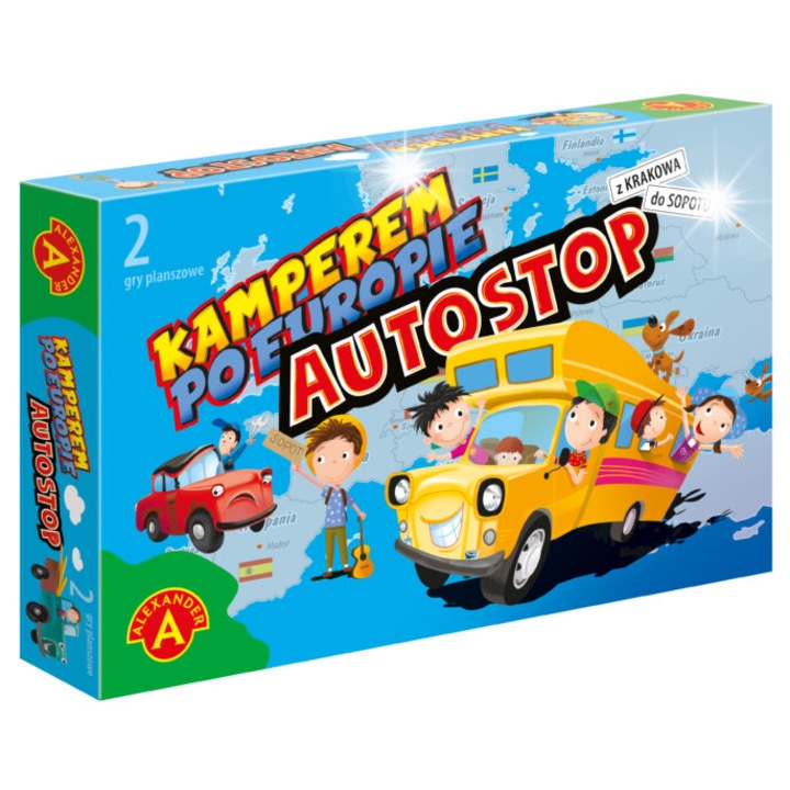 2 az 1-ben társasjáték: Lakóautóval Európában/Autóstoppal, 4 bábu, 112 kártya, tábla mérete 30x45cm