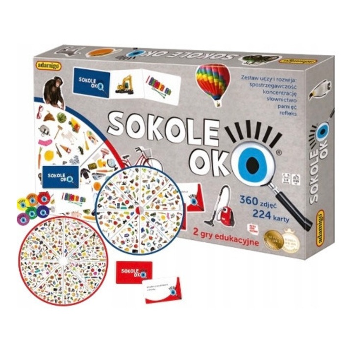 Társasjáték Sólyomszem, 168 képes kártya, 56 feladatkártya, 2 nehézségi szintű játéktábla