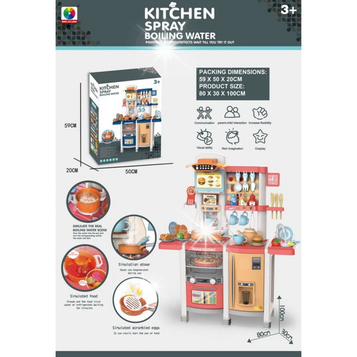 Interaktív gyerek konyha, 65 kiegészítővel, hangokkal és fényekkel, 100x30x80cm