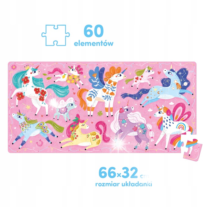 Puzzle készlet Bright Junior Media, 60 darab, 66x32cm, unikornisok, 4+ gyermekeknek
