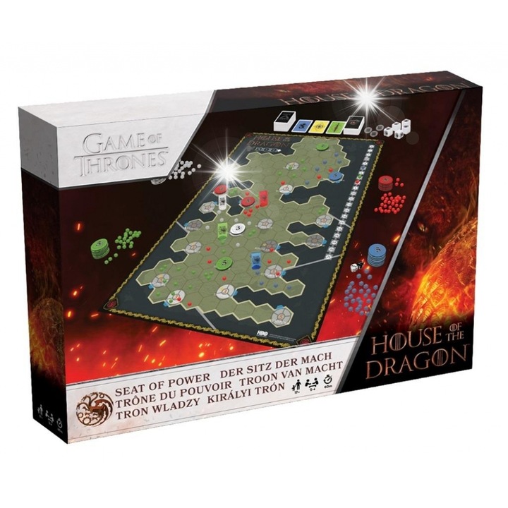 Настолна игра Seat Of Power, 1 дъска, 100 карти, 160 маркера, 4 дракона, 2 зара, многоцветна, за деца