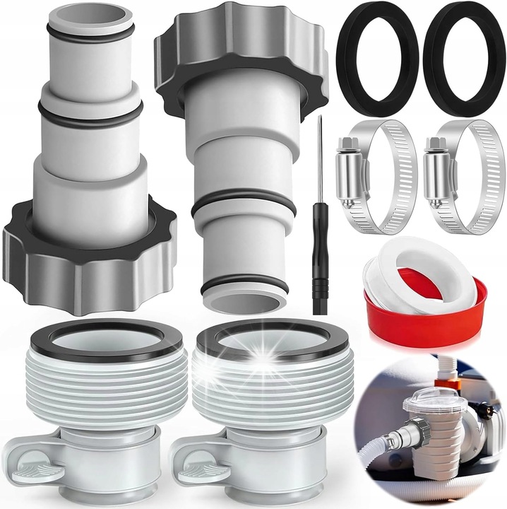 Set adaptor pentru furtun de piscina 32x38mm, 4 adaptoare, 4 cleme, 2 garnituri, 1 banda, 1 surubelnita