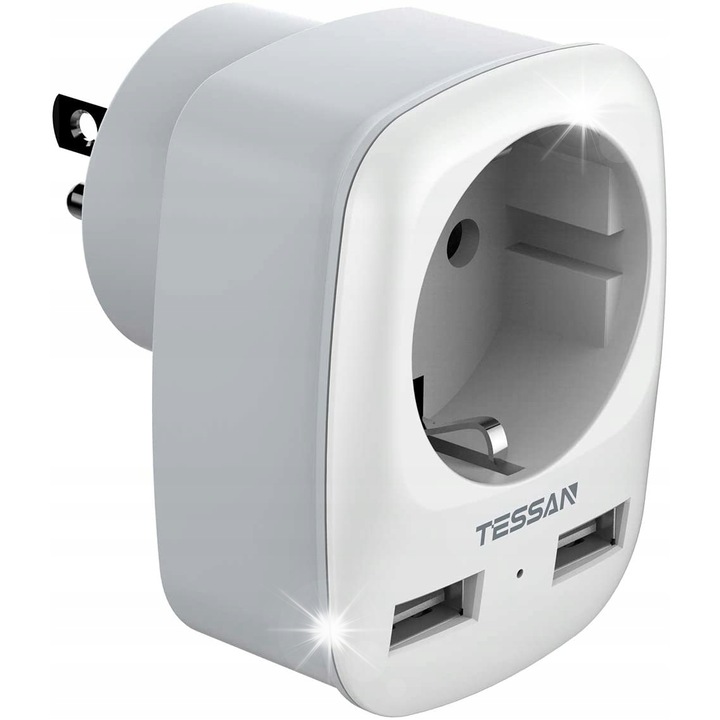 Пътен адаптер 3 в 1 с USB, тип B, 1250W, 7,08x5,37x6,79см, съвместим с европейски и немски контакти
