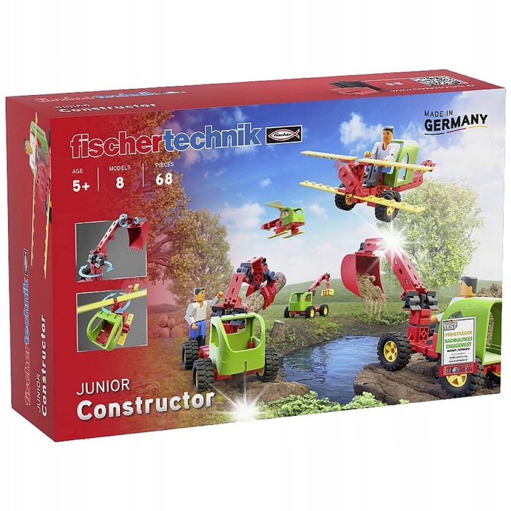 Set de constructie fischertechnik JUNIOR Constructor, 68 elemente, 6 vehicule si 2 avioane, 280x65x180mm