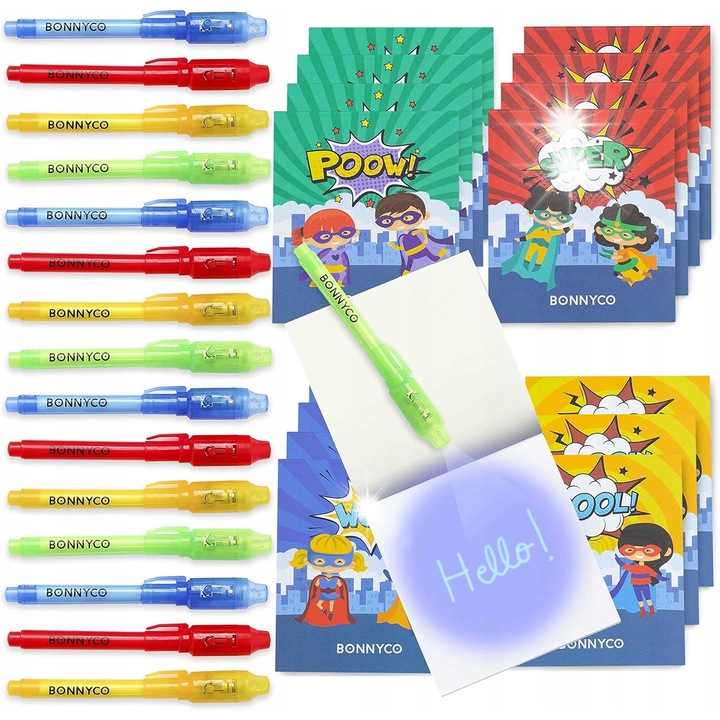 Bonnyco szuperhősök 16 darabos láthatatlan tollkészlet lámpával és jegyzetekkel