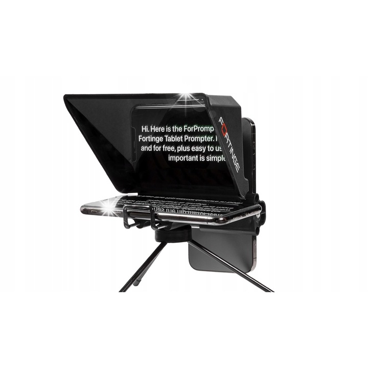 Teleprompter mobil Fortinge MIA-XL pentru smartphone, laptop si DSLR, cu suport pentru telefon, mini pilot Bluetooth, dimensiuni 26x18x11,3cm, greutate 207g
