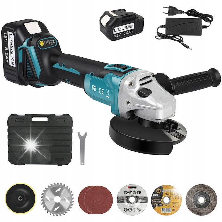 Vezeték nélküli sarokcsiszoló, 18V, 125 mm, 2 db 5500 mAh akkumulátor, fekete/kék, tartozékokkal