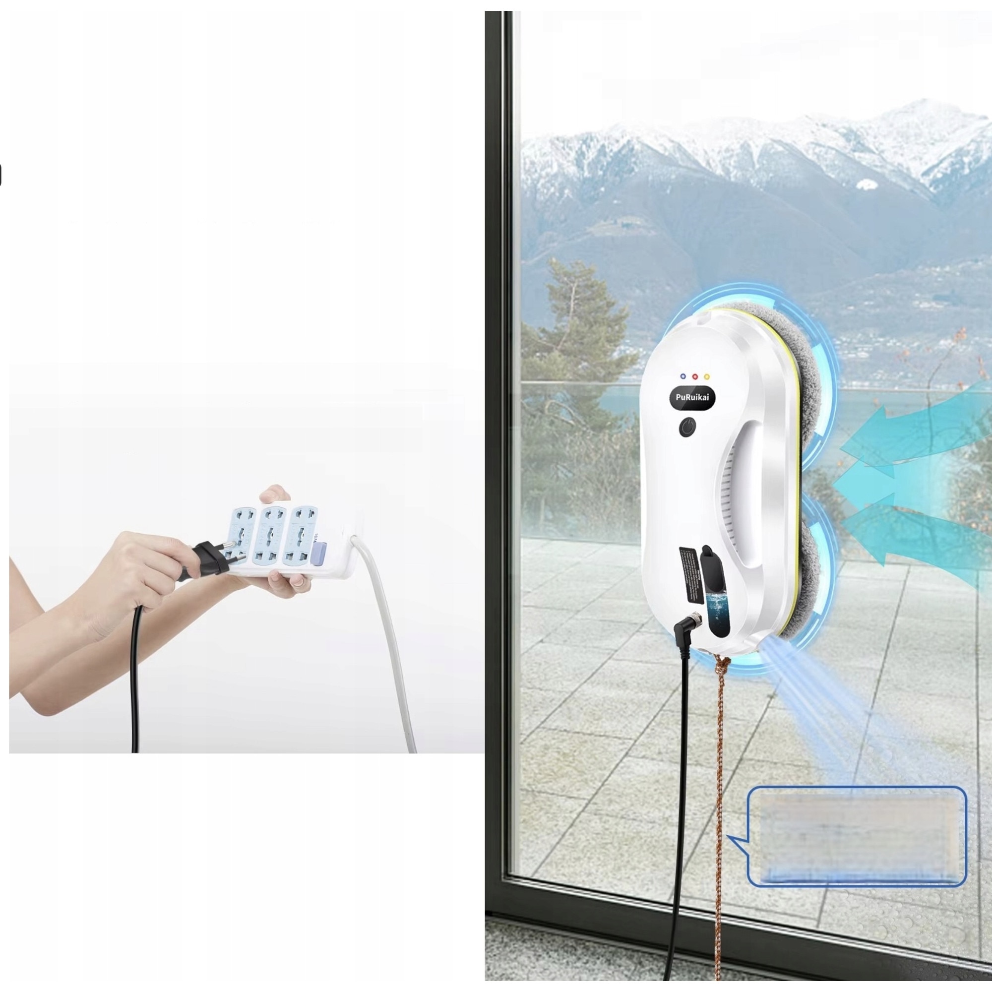Robot de curățat geamuri, PuRuikai, cu telecomandă, servetele din microfibra, sistem de siguranță, set complet