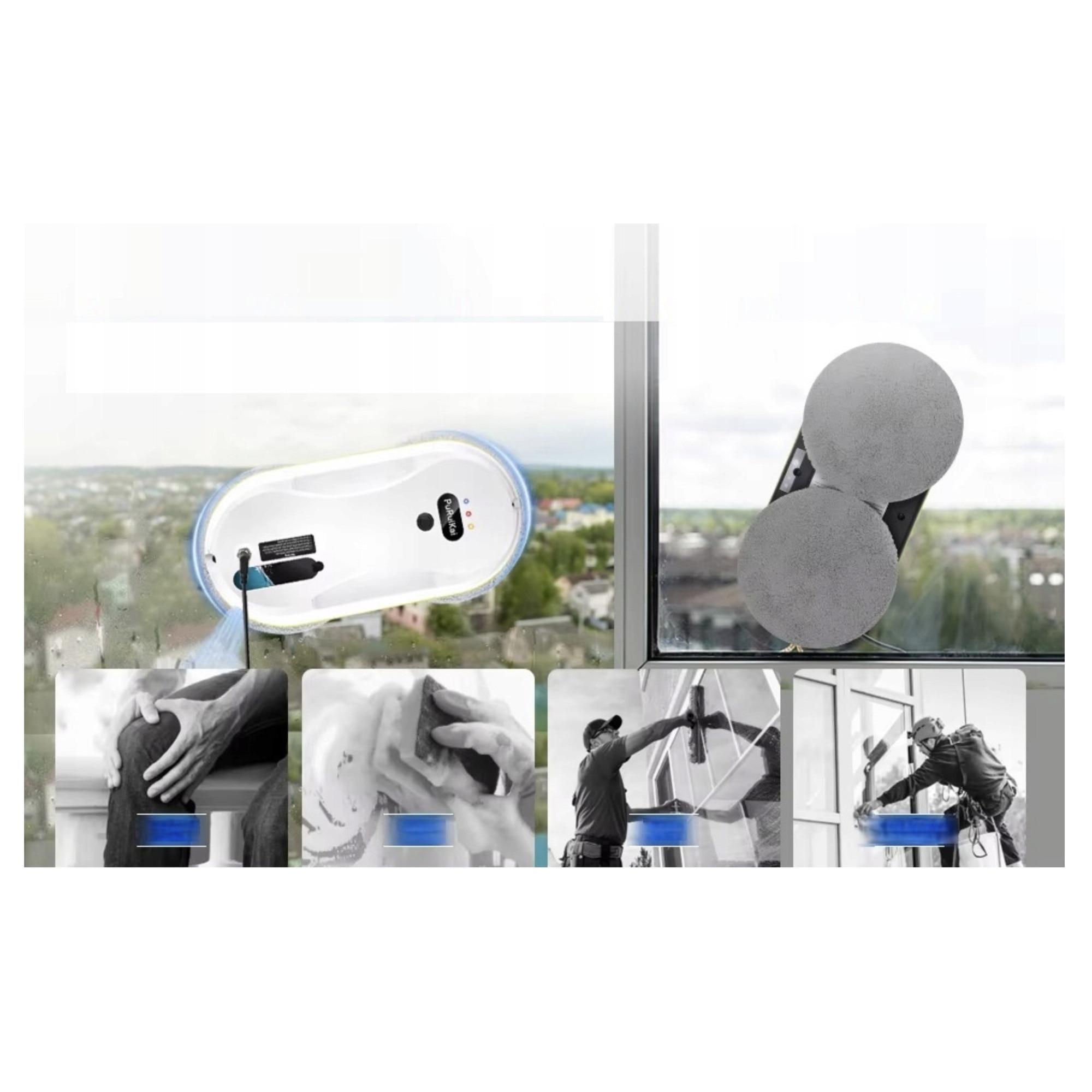 Robot de curățat geamuri, PuRuikai, cu telecomandă, servetele din microfibra, sistem de siguranță, set complet