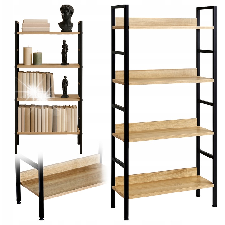 Gotel asztali polc, 4 szintes, fekete fém, natúr fa, 60x28x126 cm