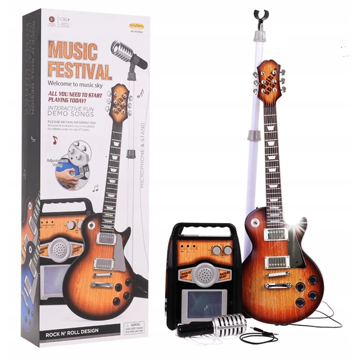 Ramiz, barna elektromos gitár, erősítő, mikrofon, 69x23x5 cm-es hangszerkészlet gyerekeknek