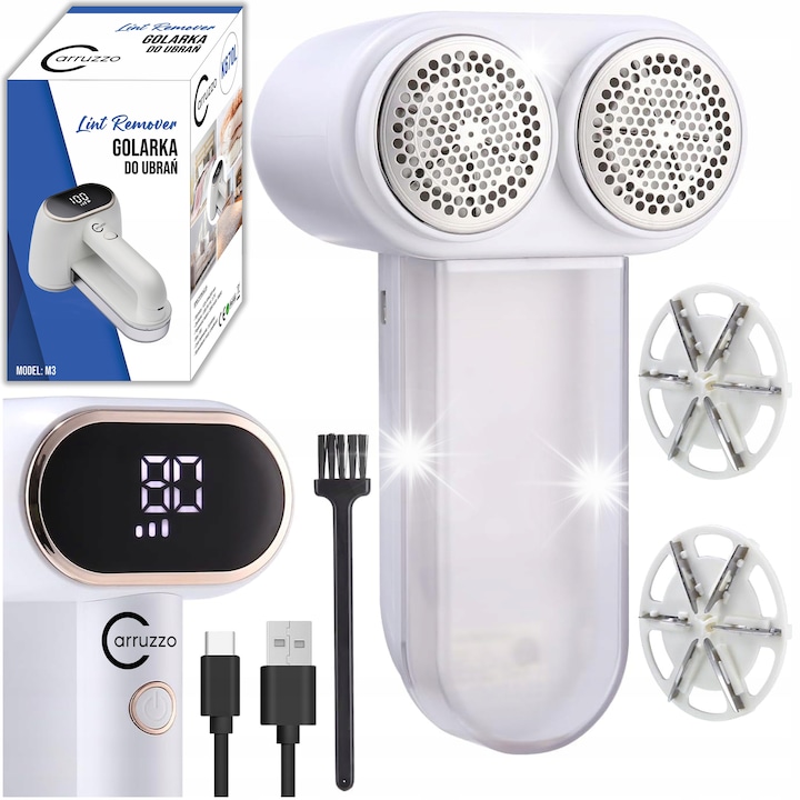 Уред за премахване на власинки от дрехи Carruzzo Remover PRO, двоен, 2000mAh, USB-C, 122x104x200mm, пълен комплект