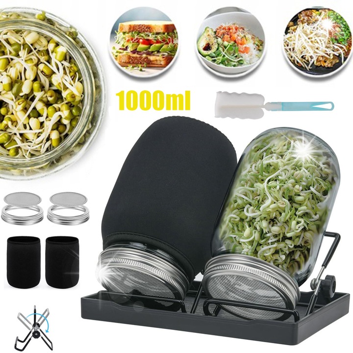 Set de germinare, 2 borcane 1000ml, 2 capace, 2 suporturi, tava, 2 capace opace, 1 perie, 16.5x8.5cm
