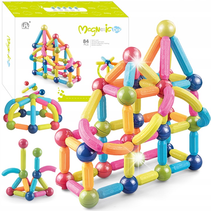 Конструктор Gotel, 84 елемента, магнитни блокчета, ярки цветове, за деца над 3 години