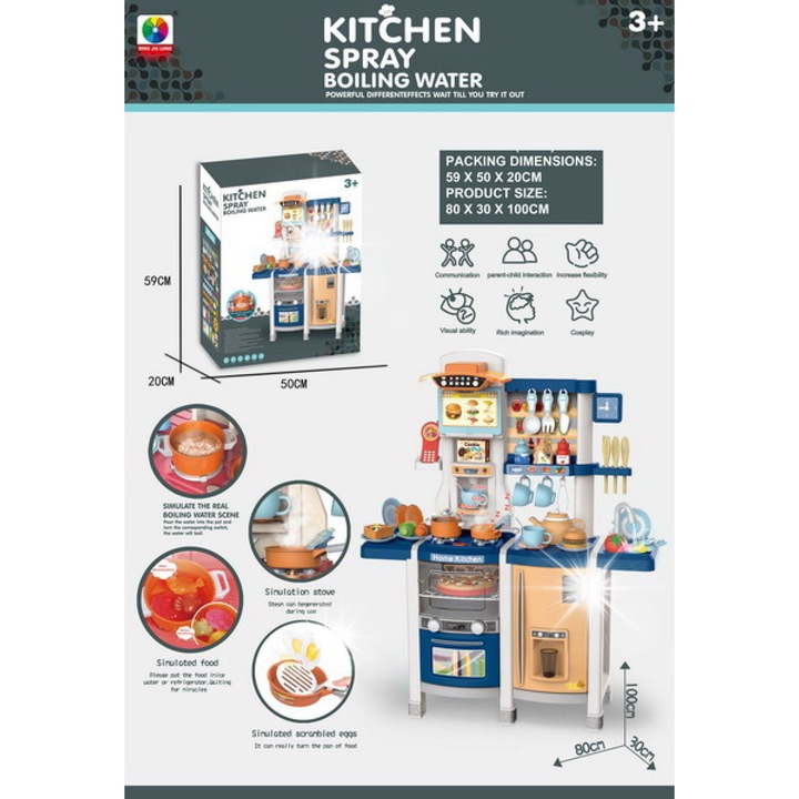 Interaktív konyhai szett gyerekeknek, 65 elemes, folyóvízzel, 100x30x80cm