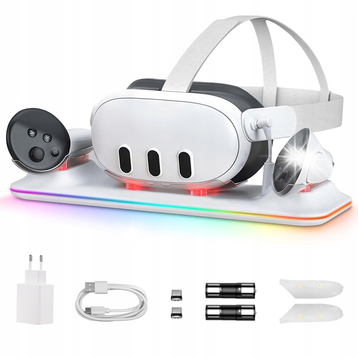 Комплект станция за зареждане за Meta Quest 2/3/3S, VR стойка, 20W бързо зареждане, Type-C кабел, включени аксесоари
