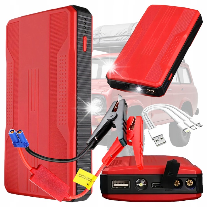 Redresor de urgenta 5 in 1, cu baterie externa, LED, 12V, 20000mAh, 139x78x24mm, waterproof, rosu