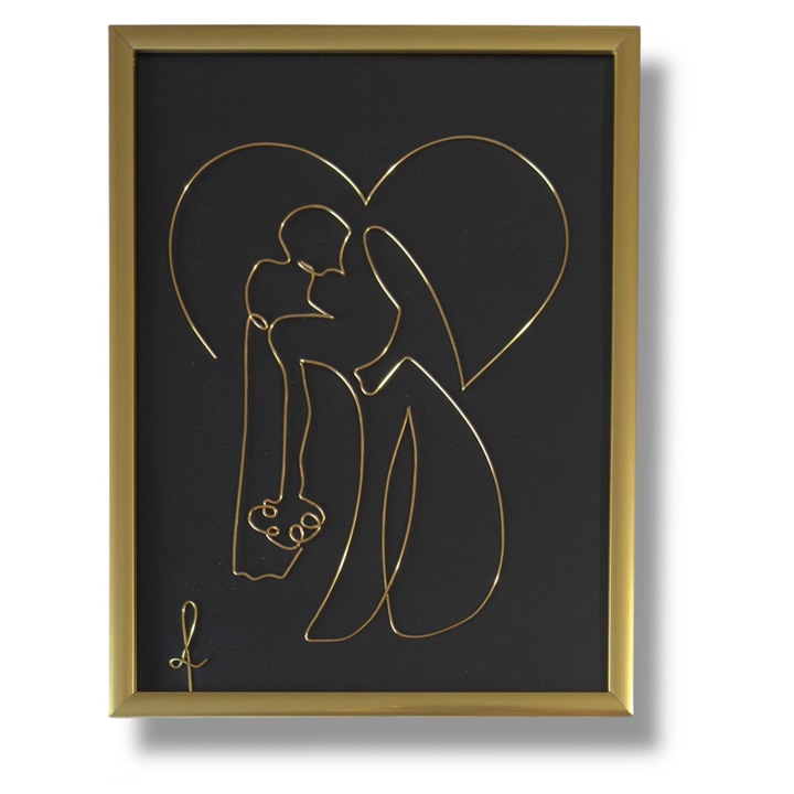 Tablou din sarma Mire si Mireasa, realizat din fir continuu de sarma emailata si lacuita aurie de 1 mm, rama aurie/neagra, dimensiune 15x20 cm, fundal negru marmorat