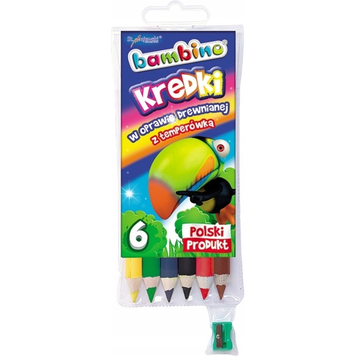 Set creioane colorate St. Majewski, 6 culori, cu ascutitoare, din lemn, pentru copii