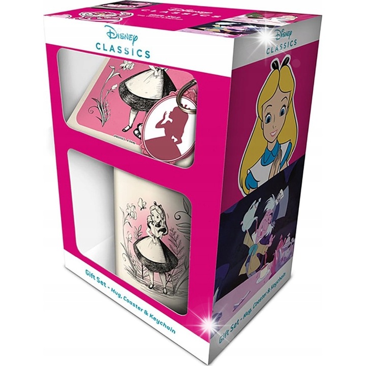 Set cadou Alice in Tara Minunilor, cana, suport, breloc, 330ml, vintage