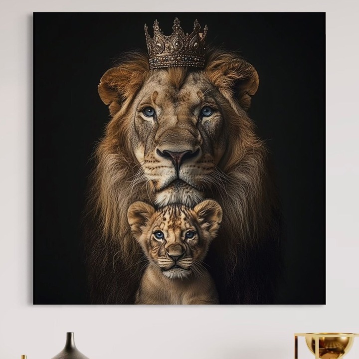 Tablou Canvas Premium, LuxCanva® M1549, Taria unui Neam, 50 X 50 CM, Panza Bumbac 100% 400g/m2, Sasiu Lemn, Tata, Fiu, Rege, Print, Dinastie, Lei, Animale, Coroana, Dormitor, Birou, Living