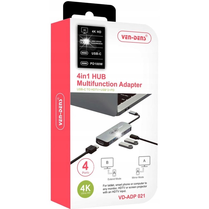 HUB USB-C - HDMI/USB 3.0/USB 2.0, 4K/30Hz, 100W, készlet