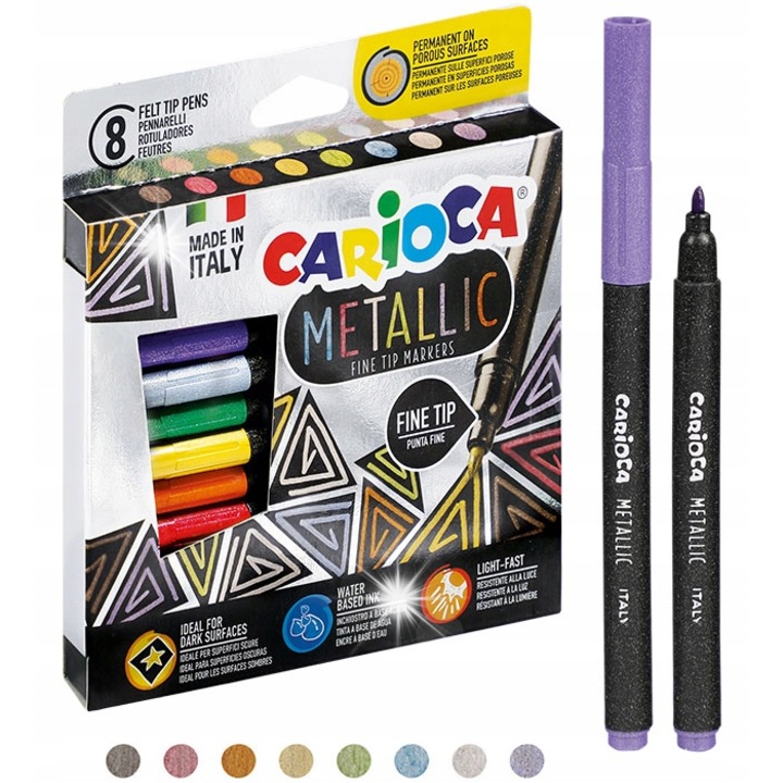 Set carioci metalice Carioca, 8 culori, pentru suprafete intunecate, dimensiune standard