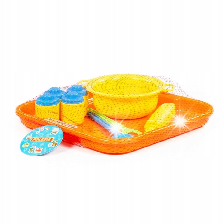 Játékkiegészítő készlet, Polesie, tálca, 4 edény, 2 kanál, 1 nyújtófa, 1 fazék, többszínű